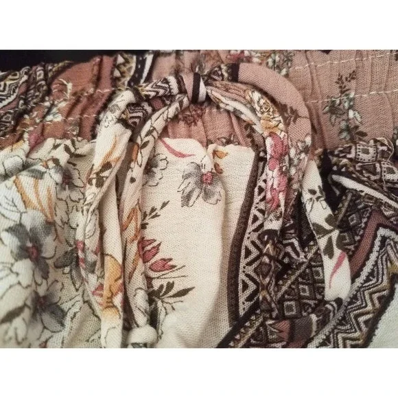 Large Women's Skirt Patchwork Floral Tile Print Brown Multi Ruffle by Miss U - Picture 7 of 8